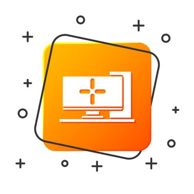 Beyaz Bilgisayar monitörü simgesi beyaz arkaplanda izole edildi. Bilgisayar bileşeni işareti. Turuncu kare düğme. Vektör İllüstrasyonu