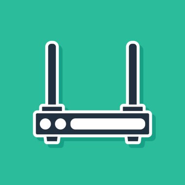 Mavi Yönlendirici ve kablosuz ağ sinyali simgesi yeşil arkaplanda izole edildi. Kablosuz ethernet modem yönlendirici. Bilgisayar teknolojisi interneti. Vektör İllüstrasyonu