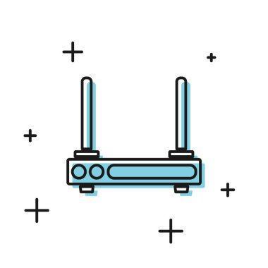 Siyah Yönlendirici ve wi-fi sinyal sembolü simgesi beyaz arka planda yalıtılmış. Kablosuz ethernet modem yönlendirici. Bilgisayar teknolojisi internet. Vektör İllüstrasyonu