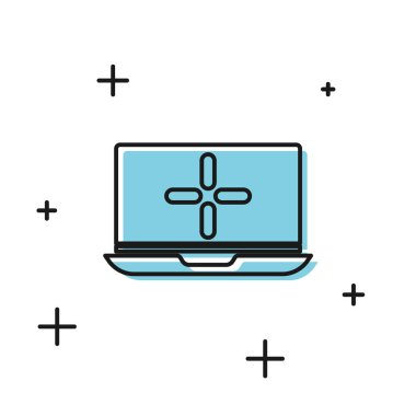 Beyaz arkaplanda siyah dizüstü bilgisayar simgesi izole edildi. Boş ekran işaretli bilgisayar defteri. Vektör İllüstrasyonu