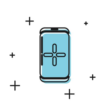 Siyah Akıllı Telefon ve oyun simgesinde oynamak beyaz arkaplanda izole edilmiş. Mobil oyun konsepti. Vektör İllüstrasyonu