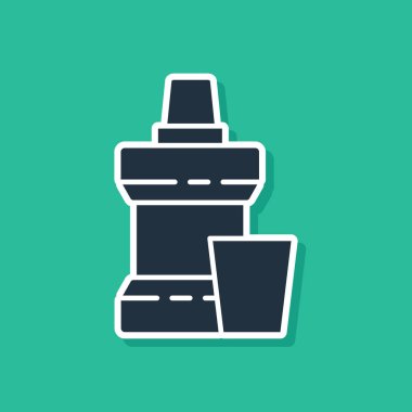 Mavi ağız gargarası plastik şişe ve yeşil arka planda izole edilmiş cam ikon. Ağzını çalkalamak için sıvı. Ağız bakım ekipmanları. Vektör İllüstrasyonu