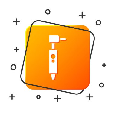 Beyaz Diş sondaj simgesi beyaz arkaplanda izole edildi. Delme ve öğütme aletleri için el işi. Turuncu kare düğme. Vektör İllüstrasyonu