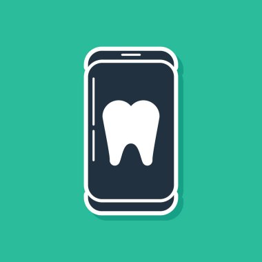 Mavi Çevrimiçi diş bakımı ikonu yeşil arka planda izole edildi. Diş hizmetleri danışma merkezi. Vektör İllüstrasyonu