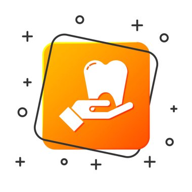 Beyaz Diş simgesi beyaz arkaplanda izole edildi. Diş hekimliği kliniği veya diş hekimliği merkezi ve diş macunu paketi için diş sembolü. Turuncu kare düğme. Vektör İllüstrasyonu