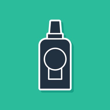 Mavi ağız gargarası plastik şişe ikonu yeşil arka planda izole edilmiş. Ağzını çalkalamak için sıvı. Ağız bakım ekipmanları. Vektör İllüstrasyonu