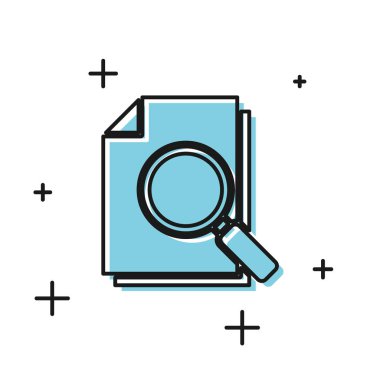 Beyaz arkaplanda arama simgesine sahip Siyah Belge. Dosya ve büyüteç simgesi. Analitik araştırma işareti. Vektör İllüstrasyonu