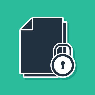 Mavi Belge ve kilit simgesi yeşil arkaplanda izole edildi. Dosya biçimi ve asma kilit. Güvenlik, güvenlik, koruma kavramı. Vektör İllüstrasyonu