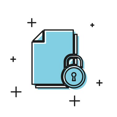 Siyah Belge ve kilit simgesi beyaz arkaplanda izole edildi. Dosya biçimi ve asma kilit. Güvenlik, güvenlik, koruma kavramı. Vektör İllüstrasyonu