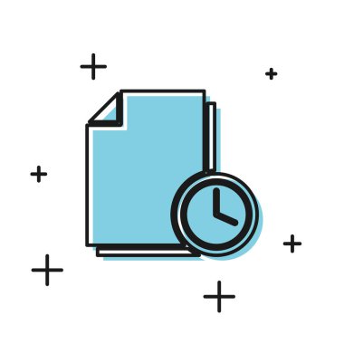 Beyaz arkaplanda izole edilmiş saat simgesine sahip siyah belge. Belge ve geri sayım, teslim tarihi, program, planlama sembolü. Vektör İllüstrasyonu