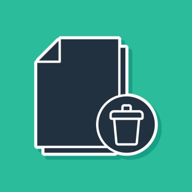 Mavi Silme dosya simgesi yeşil arkaplanda izole edildi. Kağıt çarşafta geri dönüşüm kutusu işareti var. Reddedilmiş belge. Kağıt üzerinde çarmıh. Vektör İllüstrasyonu