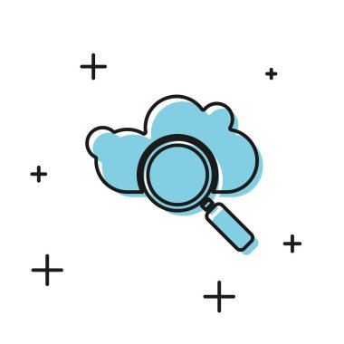 Siyah Arama Bulut hesaplama simgesi beyaz arkaplanda izole edildi. Büyüteç ve bulut. Vektör İllüstrasyonu