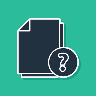 Mavi Bilinmeyen belge simgesi yeşil arkaplanda izole edildi. Soru işareti olan dosya. Raporu, servisi ve küresel arama işaretini beklet. Vektör İllüstrasyonu