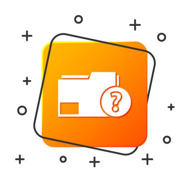 Beyaz Bilinmeyen dosya dizini simgesi beyaz arkaplanda izole edildi. Soru işareti olan dosya. Raporu, servisi ve küresel arama işaretini beklet. Turuncu kare düğme. Vektör İllüstrasyonu