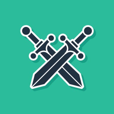 Mavi Haçlı Ortaçağ kılıç simgesi yeşil arka planda izole edilmiş. Vektör İllüstrasyonu