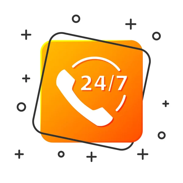Biały telefon 24 godziny wsparcia ikony izolowane na białym tle. Całodniowy call-center obsługi klienta. Pełny etat. Pomarańczowy przycisk. Ilustracja wektora — Wektor stockowy