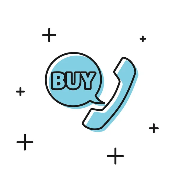 Zwarte telefoon en spraakbel met tekst Koop pictogram geïsoleerd op witte achtergrond. Online kopen symbool. Supermarkt mand symbool. Vector Illustratie — Stockvector