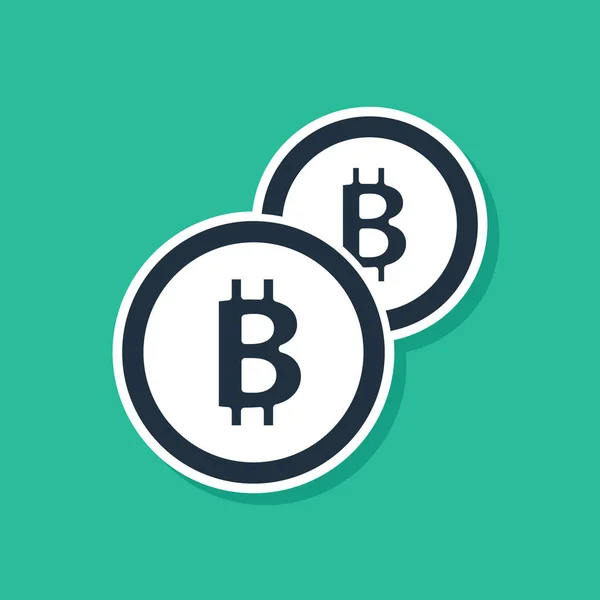 Niebieska moneta kryptowaluta Bitcoin ikona wyizolowana na zielonym tle. Fizyczna moneta bitowa. Blockchain oparta bezpieczna kryptowaluta. Ilustracja wektorowa — Wektor stockowy