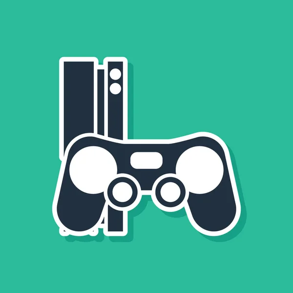 Niebieska konsola do gier wideo z ikoną joysticka na zielonym tle. Ilustracja wektora — Wektor stockowy