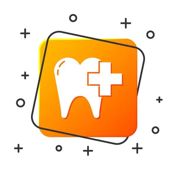 Clínica dental blanca para el cuidado dental icono del diente aislado sobre fondo blanco. Botón cuadrado naranja. Ilustración vectorial — Vector de stock