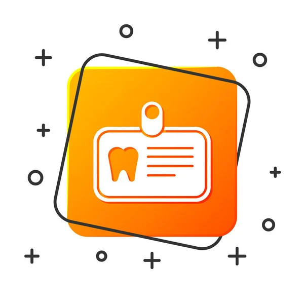 Tarjeta Id blanca con icono de diente aislado sobre fondo blanco. Botón cuadrado naranja. Ilustración vectorial — Vector de stock