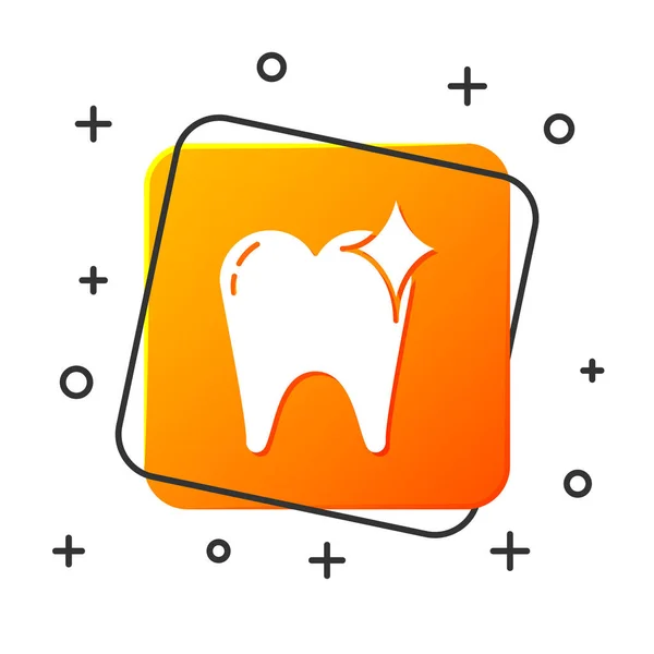 Піктограма відбілювання білого зуба ізольована на білому тлі. Символ зуба для стоматологічної клініки або стоматологічного медичного центру. Помаранчева квадратна кнопка. Векторна ілюстрація — стоковий вектор