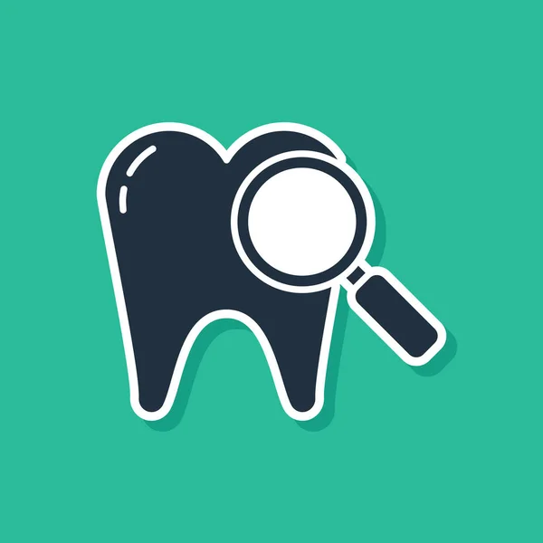 Icône de recherche dentaire bleue isolée sur fond vert. Symbole dentaire pour clinique dentaire ou centre médical de dentiste. Illustration vectorielle — Image vectorielle