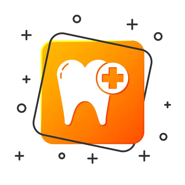 Icono de Diente Blanco aislado sobre fondo blanco. Símbolo dental para clínica de odontología o centro médico dentista y paquete de pasta de dientes. Botón cuadrado naranja. Ilustración vectorial — Vector de stock