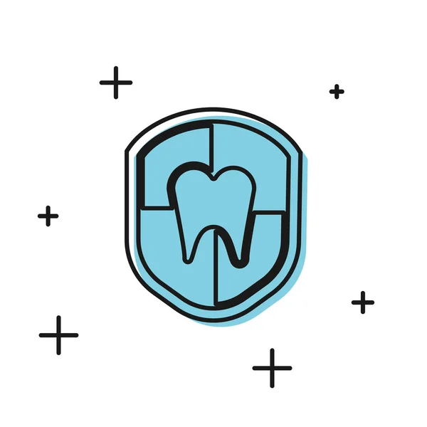 Ícone de proteção dentária preto isolado no fundo branco. Dente no logótipo do escudo. Ilustração vetorial —  Vetores de Stock