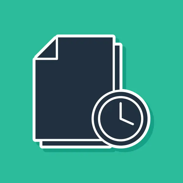 Documento azul con icono de reloj aislado sobre fondo verde. Documento y cuenta atrás, fecha límite, horario, símbolo de planificación. Ilustración vectorial — Vector de stock