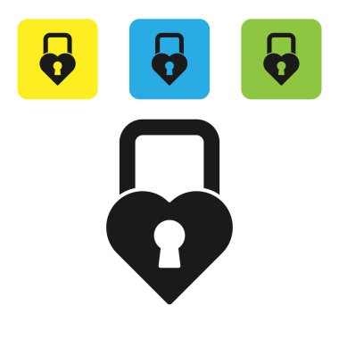 Siyah Kale, beyaz arka planda izole edilmiş kalp simgesi şeklinde. Kilitli Kalp. Aşk sembolü ve anahtar deliği işareti. Sevgililer Günü. Renkli kare düğmeleri ayarlayın. Vektör İllüstrasyonu