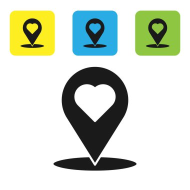 Beyaz arka planda izole edilmiş kalp simgesine sahip Siyah Harita işaretçisi. Sevgililer günü. Aşk yeri. Romantik harita iğnesi. Simgeleri renkli kare düğmeleri ayarlayın. Vektör İllüstrasyonu