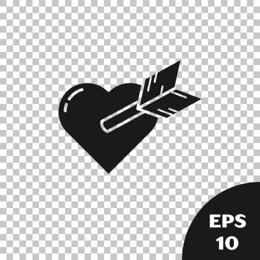 Şeffaf arka planda izole kalp ve ok simgesi ile Siyah Amour sembolü. Aşk işareti. Sevgililer günü sembolü. Vektör İllüstrasyonu