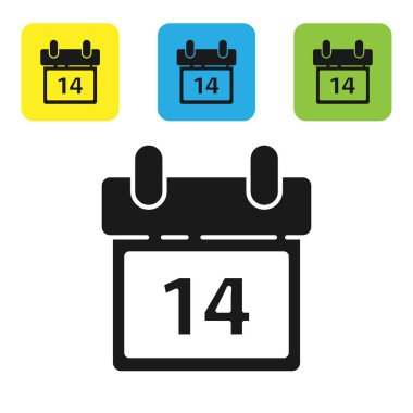 14 Şubat simgesine sahip Siyah Takvim beyaz arkaplanda izole edildi. Sevgililer Günü. Aşk sembolü. Renkli kare düğmeleri ayarlayın. Vektör İllüstrasyonu