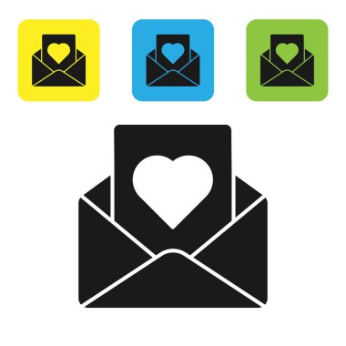 Beyaz arka plan üzerinde izole Valentine kalp simgesi ile Siyah Zarf. Mesaj aşk. Mektup aşk ve romantizm. Simgeleri renkli kare düğmeleri ayarlayın. Vektör İllüstrasyonu