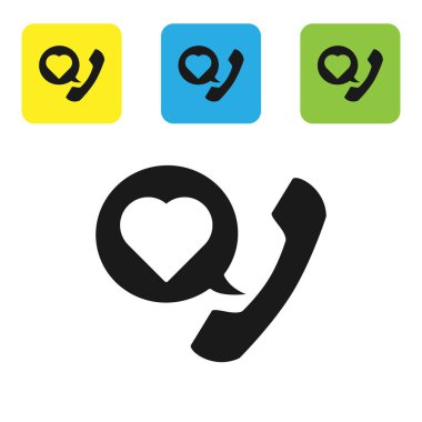 Kalp emojisi konuşma baloncuklu siyah telefon beyaz arkaplanda izole edilmiş ekran simgesine mesaj gönder. Sevgililer Günü. Renkli kare düğmeleri ayarlayın. Vektör İllüstrasyonu