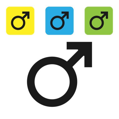 Siyah Erkek cinsiyet sembolü simgesi beyaz arka planda izole. Simgeleri renkli kare düğmeleri ayarlayın. Vektör İllüstrasyonu