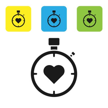 Merkezdeki siyah kalp kronometre simgesi beyaz arka planda izole edildi. Sevgililer Günü. Renkli kare düğmeleri ayarlayın. Vektör İllüstrasyonu