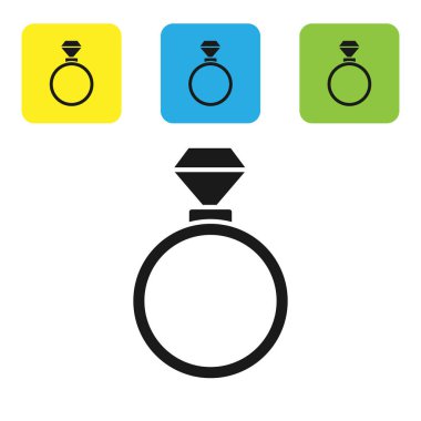 Siyah alyans simgesi beyaz arkaplanda izole edilmiş. Gelin ve damat mücevher tabelası. Evlilik sembolü. Elmas yüzük. Renkli kare düğmeleri ayarlayın. Vektör İllüstrasyonu