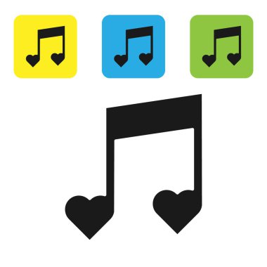 Siyah müzik notası, beyaz arkaplanda izole edilmiş kalp simgesi olan ton. Sevgililer Günü. Renkli kare düğmeleri ayarlayın. Vektör İllüstrasyonu