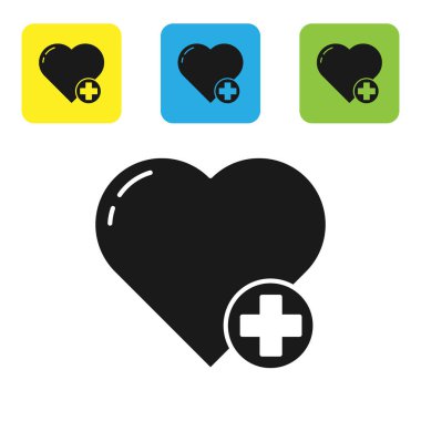 Siyah Kalp simgesi beyaz arkaplanda izole edildi. Romantik sembol, bağlanma, tutku ve düğün. Sevgililer Günü sembolü. Renkli kare düğmeleri ayarlayın. Vektör İllüstrasyonu