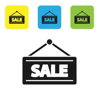 Beyaz arkaplanda izole edilmiş metin satışı simgesi olan siyah asma işareti. Mesaj indirimli tabela. Renkli kare düğmeleri ayarlayın. Vektör İllüstrasyonu