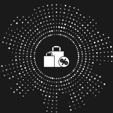 Gri arka planda% 100 indirim simgesi olan beyaz bir Shoping çantası. El çantası işareti. Soyut çember rastgele noktalar. Vektör İllüstrasyonu