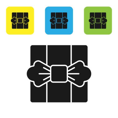 Beyaz arka planda izole siyah hediye kutusu simgesi. Set simgeleri renkli kare düğmeler. Vektör Illustration