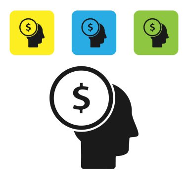 Siyah iş adamı beyaz arka planda izole edilmiş zihin ikonu planlıyor. Dolarlı insan kafası. Para kazanmak için bir fikir. Yatırım artışı. Renkli kare düğmeleri ayarlayın. Vektör İllüstrasyonu