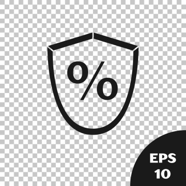 Siyah Kredi% simgesi şeffaf arkaplanda izole edildi. Koruma kalkanı işareti. Kredi yüzdesi sembolü. Vektör İllüstrasyonu