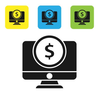 Siyah bilgisayar monitör dolar sembol simgesi beyaz arka planda izole. Online alışveriş konsepti. Internet, pazarlama kazançlar. Set simgeleri renkli kare düğmeler. Vektör Illustration