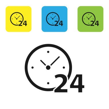 Siyah saat 24 saat simgesi beyaz arka planda izole. Tüm gün döngüsel simge. 24 saat servis sembolü. Set simgeleri renkli kare düğmeler. Vektör Illustration