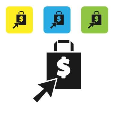 Siyah Shoping çanta ve dolar simgesi beyaz arka planda izole edildi. El çantası işareti. Kadın çanta ikonu. Kadın el çantası işareti. Renkli kare düğmeleri ayarlayın. Vektör İllüstrasyonu
