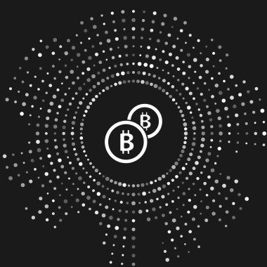 Gri arka planda yalıtılmış Beyaz Cryptocurrency sikke Bitcoin simgesi. Fiziksel biraz para. Blockchain tabanlı güvenli kripto para birimi. Soyut daire rasgele nokta. Vektör İllüstrasyonu